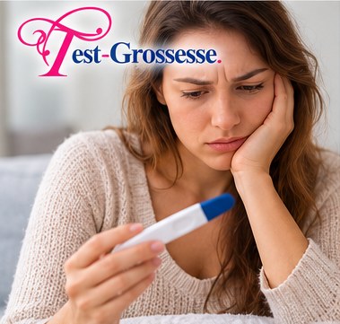 Femme inquiète en train de regarder un test de grossesse.