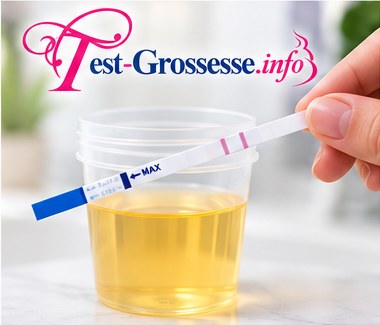 Bandelette de test tenue au-dessus d’un flacon d’urine, avec deux traits visibles.
